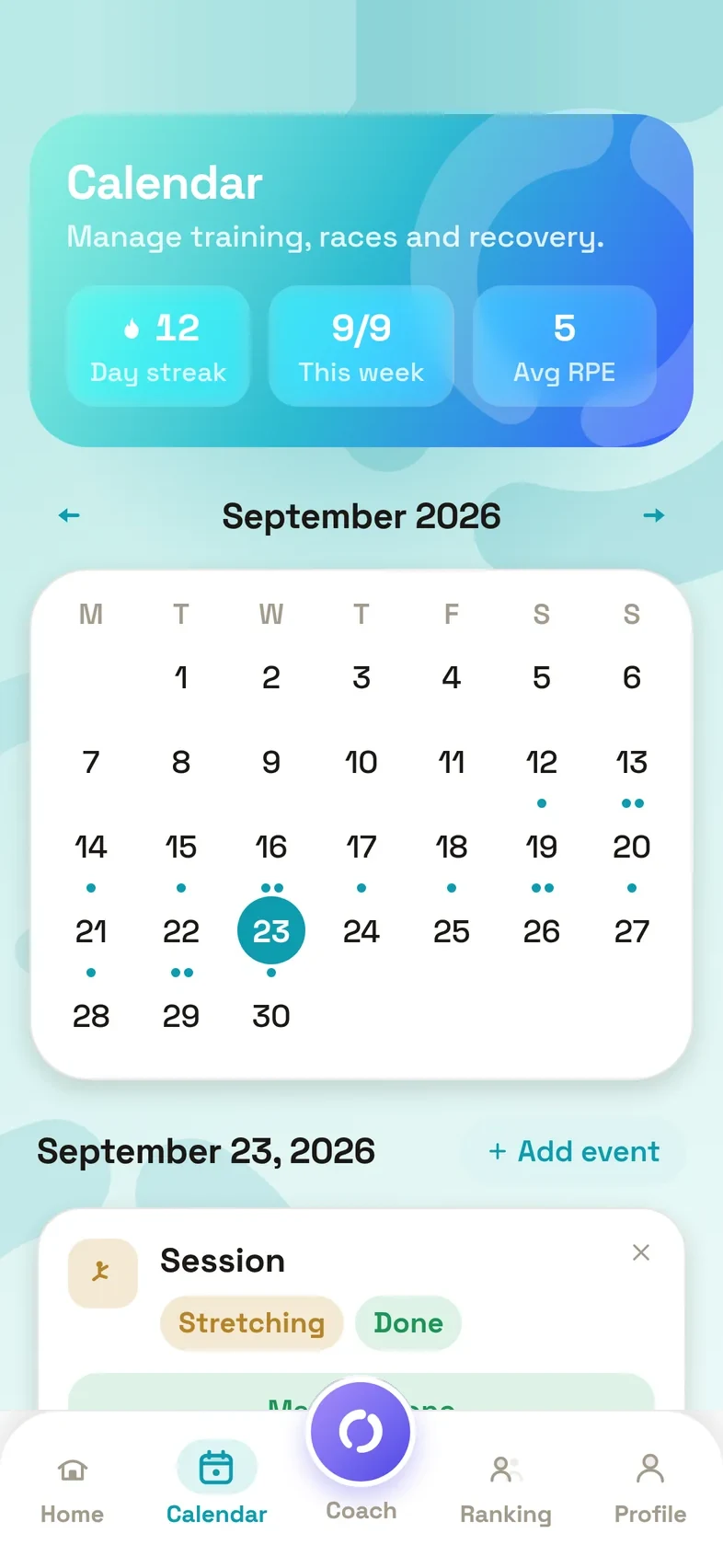 The RANGE calendar for September with logged sessions, a 12-day streak and an average effort of 5.