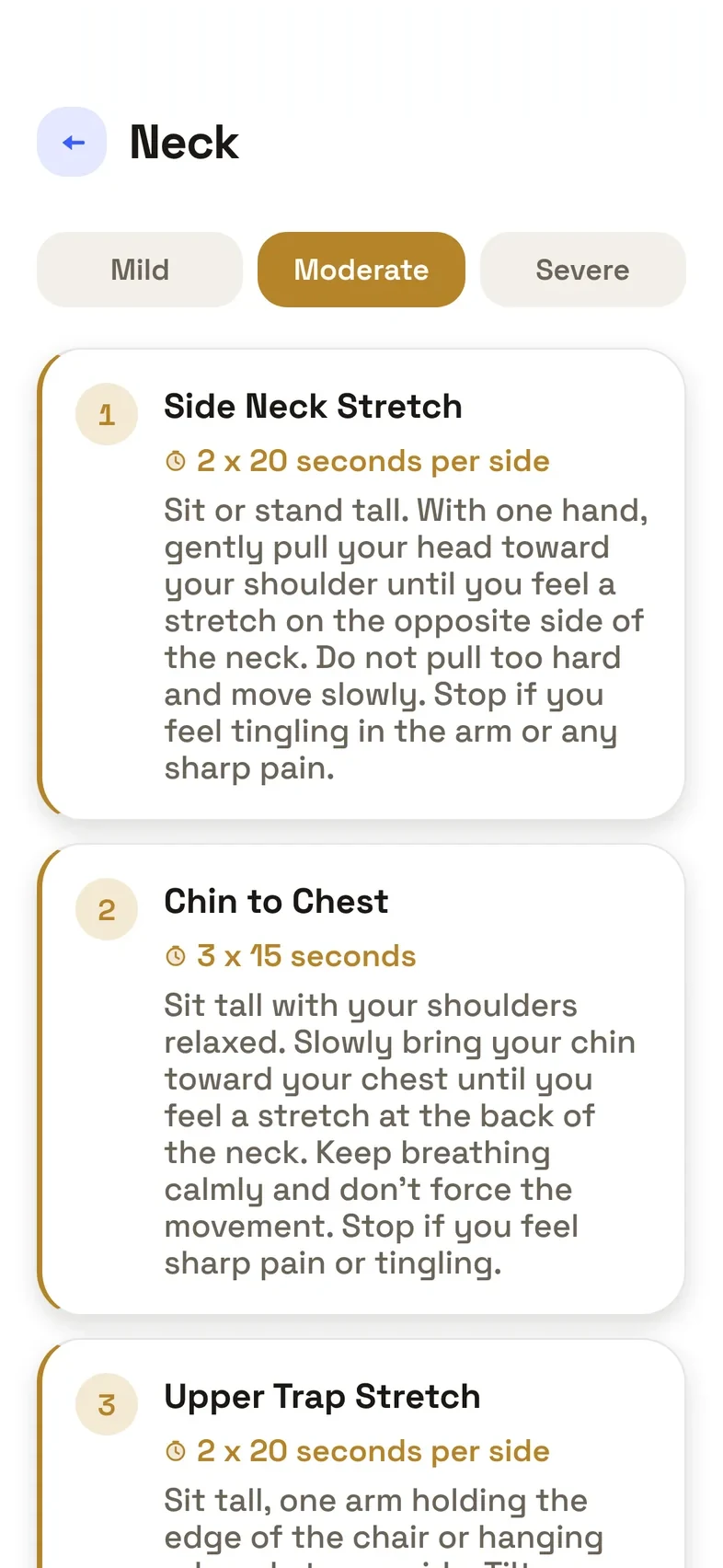 RANGE showing neck stretches at moderate pain, each with a dose and short instructions.