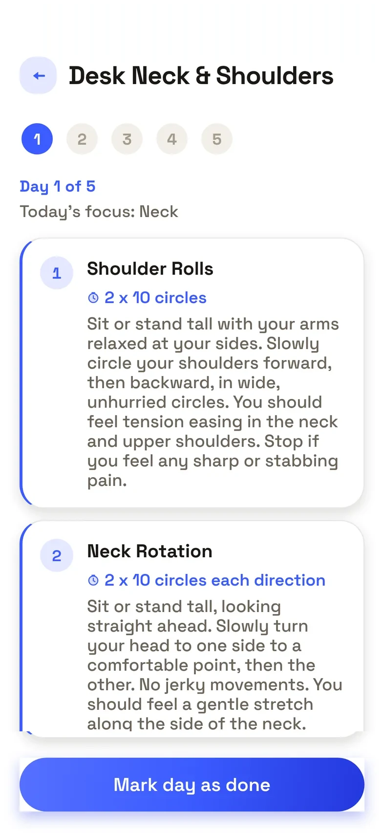 Day 1 of the Desk Neck and Shoulders program, starting with shoulder rolls.